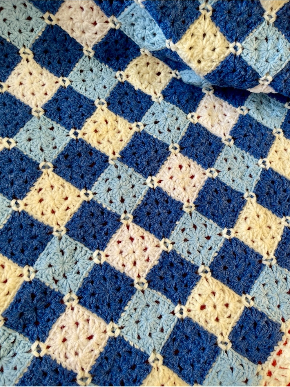 Handmade Crochet Checkerboard Baby Blanket, Navy/Blue/White, Acrylic, 36” x 36” - Picture 4 of 7